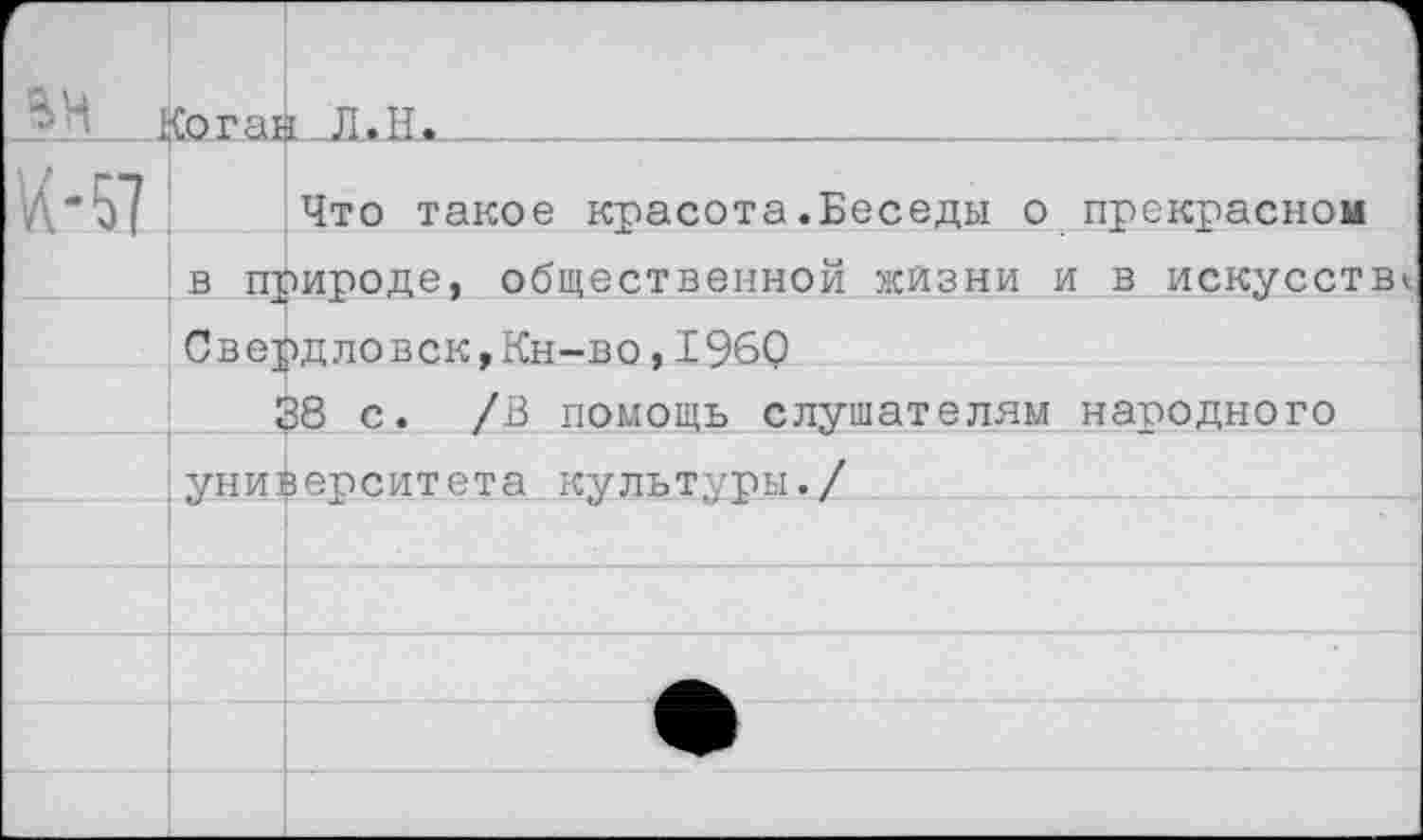 ﻿	Оогаь	1.Л.Н.	 _ _
К-57		Что такое красота.Беседы о прекрасной
	в природе, общественной жизни и в искусства	
	Свердловск.Кн-во.1960	
		38 с. /В помощь слушателям народного
	университета культуры./	
		
		
		
		
		